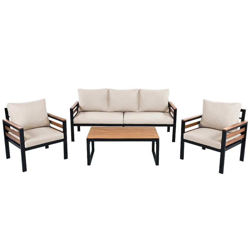 Ensemble de canapé d’extérieur de 4 pièces pour 5 personnes avec table basse en bois massif et coussins amovibles