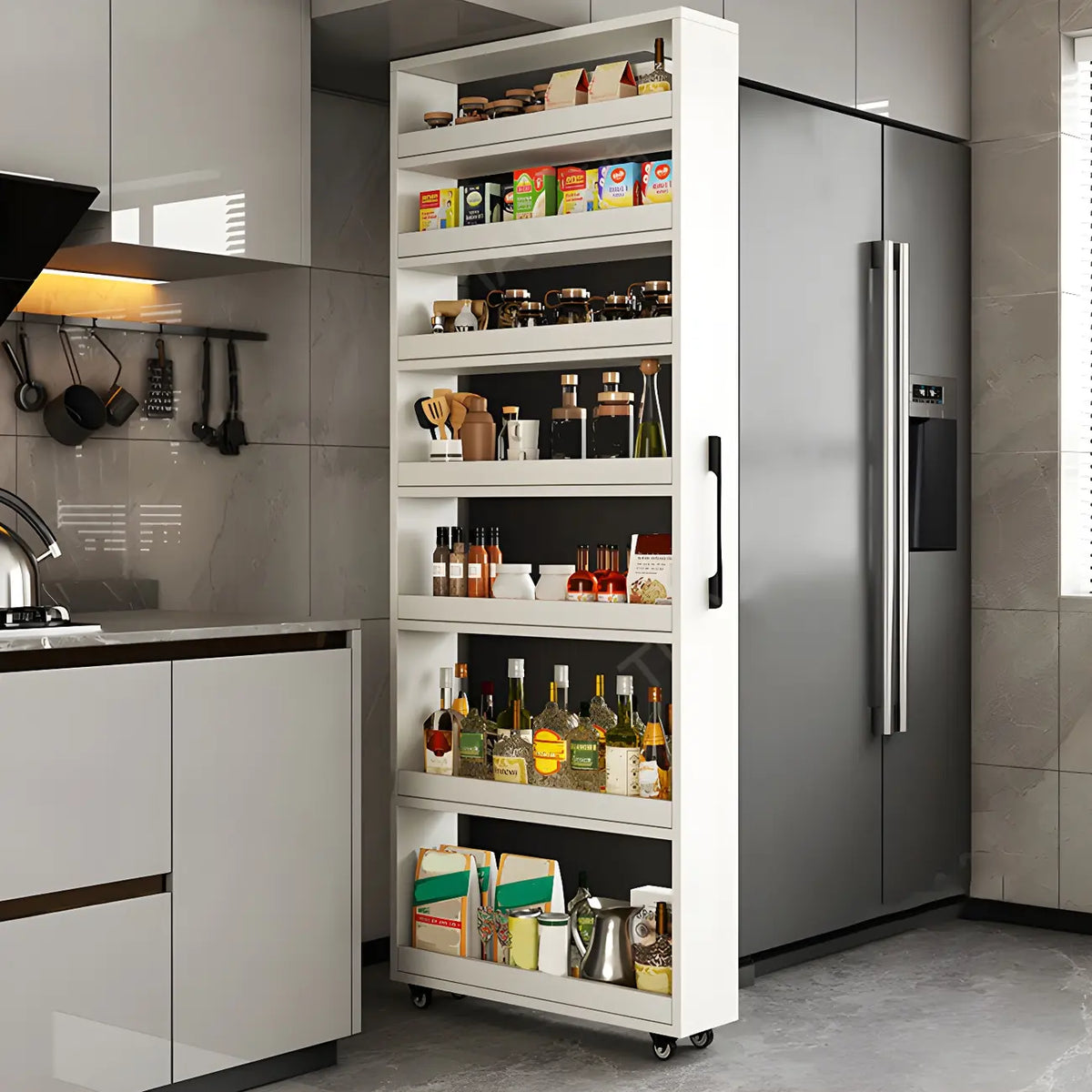 Moderner Buffetschrank aus Holz mit offenen Regalen und Rollen