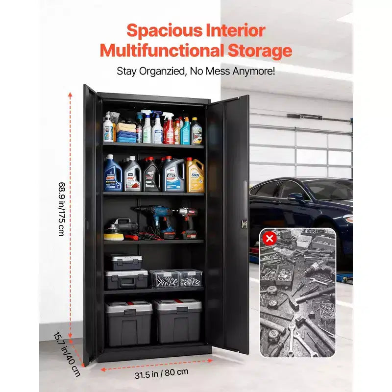 Armoire de rangement métallique VEVOR, armoire de garage en acier verrouillable de 68,9 pouces avec 4 étagères réglables, 2 portes magnétiques, 2 clés et 5 niveaux de rangement pour outils, noire