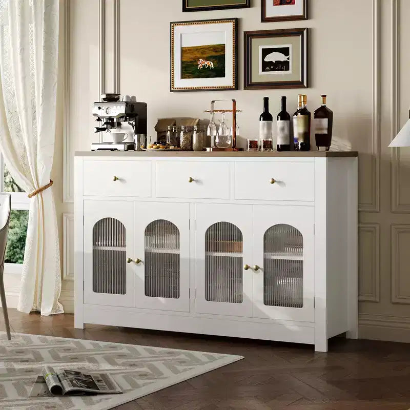 Opbergkast van 55 inch, smal buffet- en dressoirkast met 3 laden en 4 deuren voor keuken, eetkamer en woonkamer