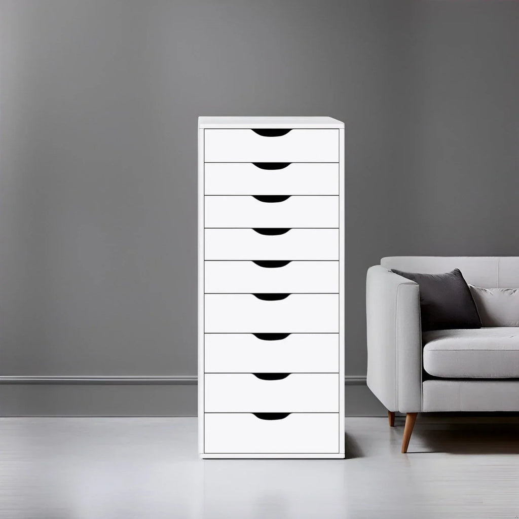 Schmaler Holzschrank mit 9 Schubladen, leichtgängigen Schubladen und oberem Ablagefach
