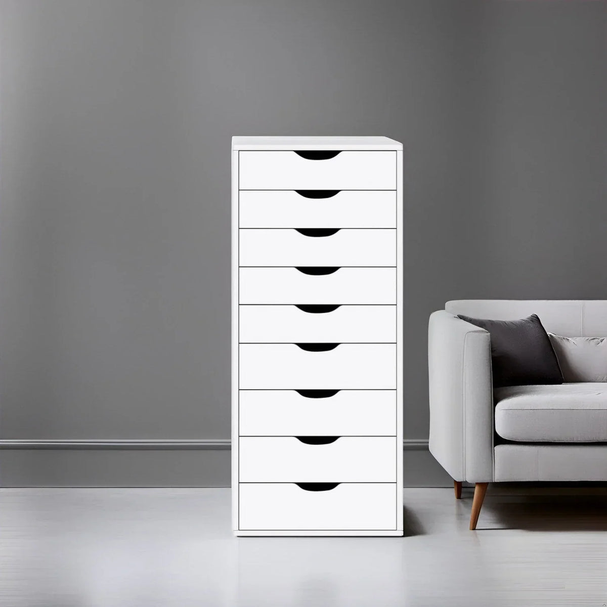 Schmaler Holzschrank mit 9 Schubladen, leichtgängigen Schubladen und oberem Ablagefach
