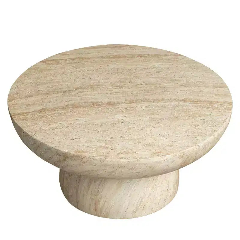 Table basse ronde à piédestal en fiberstone, table d’appoint sculptée pour intérieur et extérieur avec patins antidérapants