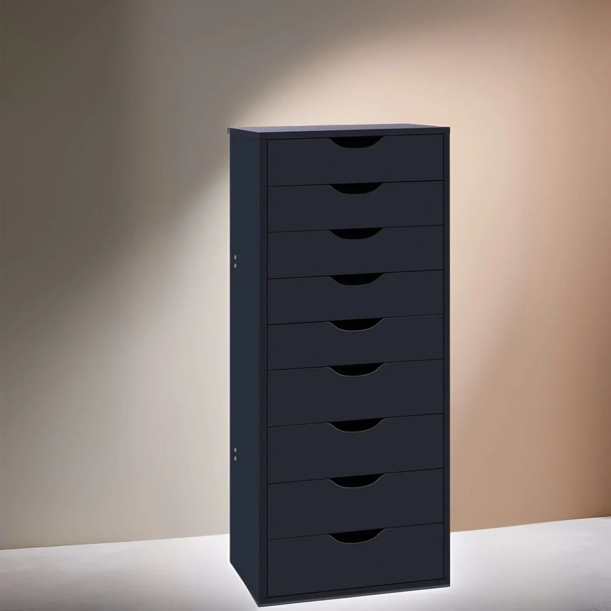 Schmaler Holzschrank mit 9 Schubladen, leichtgängigen Schubladen und oberem Ablagefach
