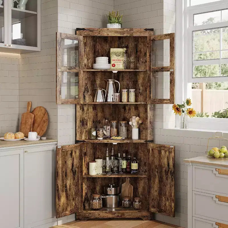 69 Zoll hoher Eckschrank im Landhausstil, platzsparender Eckschrank mit Glastür und verstellbaren Regalböden für Wohnzimmer und Küche