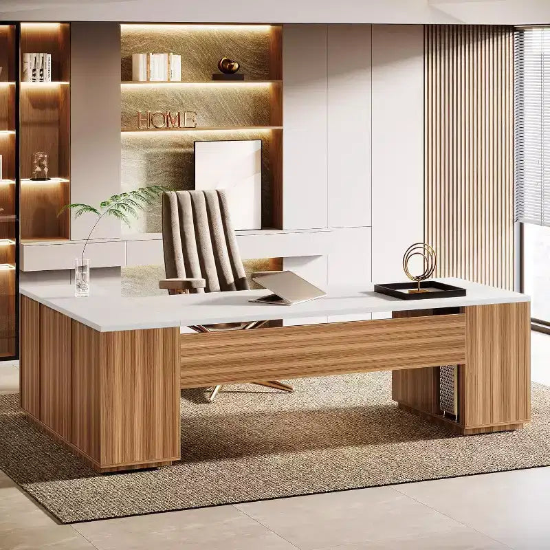 Grand bureau de direction en L Lantine 85.8, bureau d’ordinateur extra-large avec tiroirs pour dossiers, pour bureau à domicile