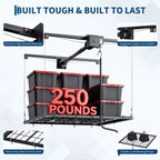 Adjustable Heavy-Duty Overhead Garage Storage Rack, Ceiling-Mounted with Safety Lock, 250 lb Capacity for Bins, Tools, Bikes, and Garage