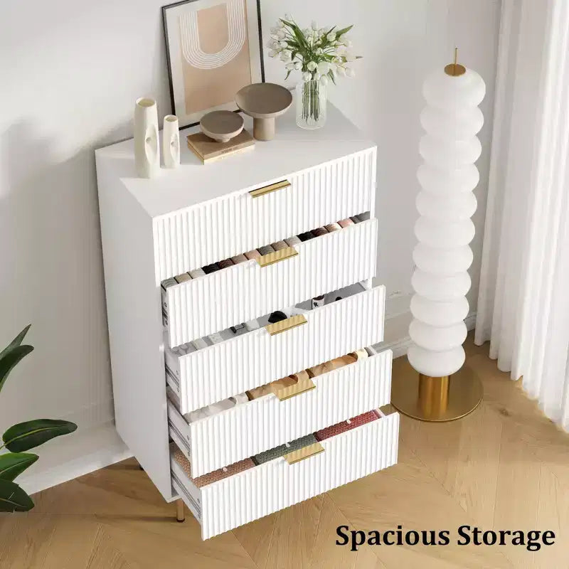 White / Marble & Wood 5-Drawer Dresser ?C Fluted Panel, for 1 Person Use