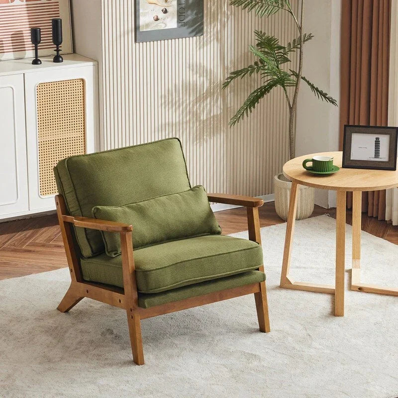 Polster-Sessel aus Leinenmischgewebe mit Holzbeinen und einem Kissen, Beige