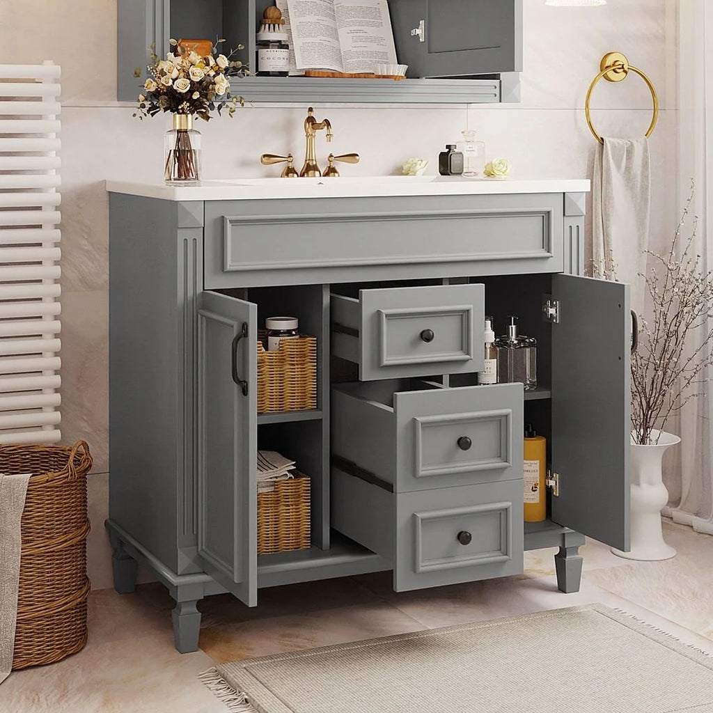 Meuble-lavabo moderne de salle de bains de 36 po avec vasque sur plan, armoire à miroir, 2 portes et 2 tiroirs