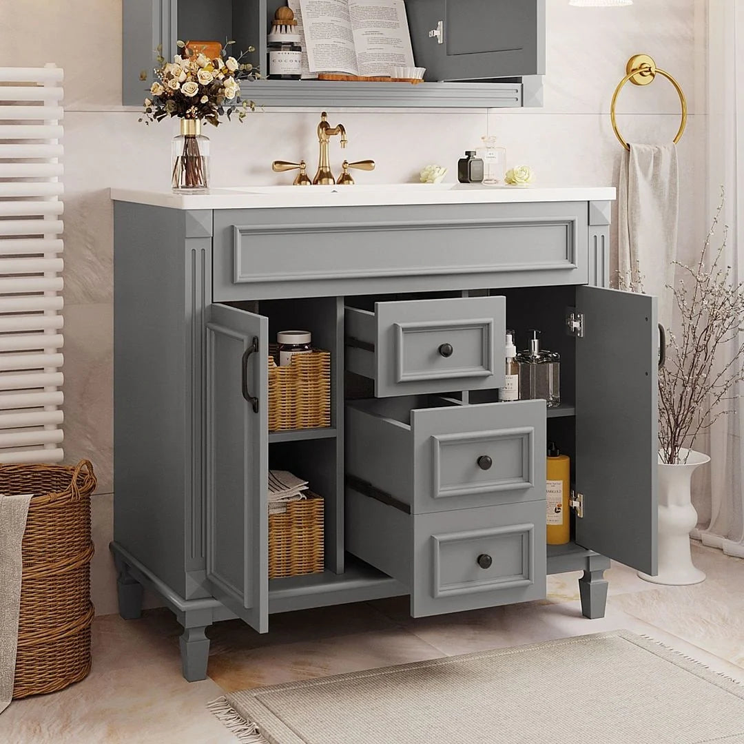 Meuble-lavabo moderne de salle de bains de 36 po avec vasque sur plan, armoire à miroir, 2 portes et 2 tiroirs
