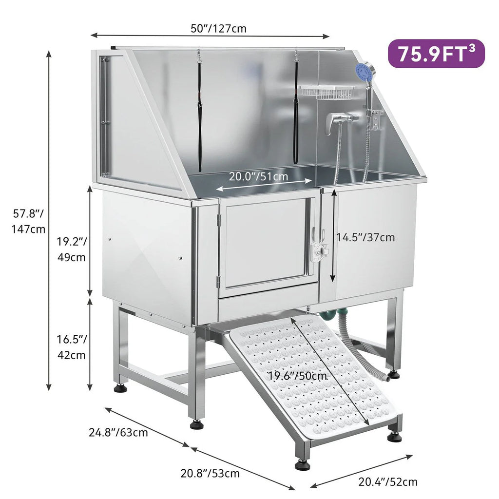 Baignoire de toilettage réglable pour animaux en acier inoxydable de 50' W avec rampe à marches