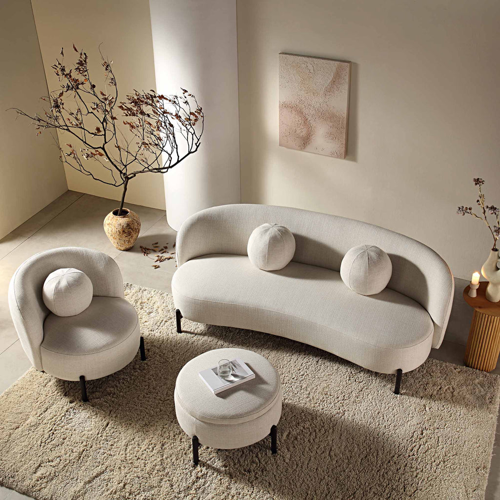 Gebogen 3-zitsbank met balvormige kussens, beige linnenmix