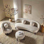 Gebogen 3-zitsbank met balvormige kussens, beige linnenmix