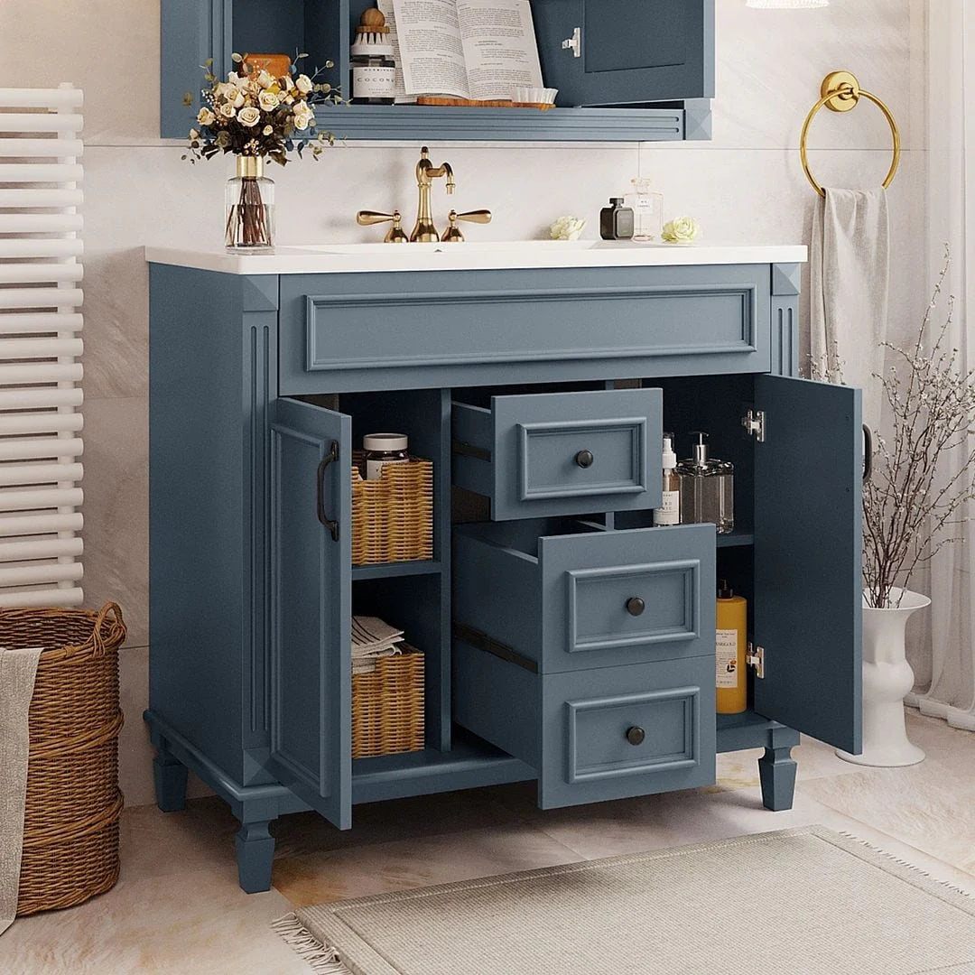 Meuble-lavabo moderne de salle de bains de 36 po avec vasque sur plan, armoire à miroir, 2 portes et 2 tiroirs