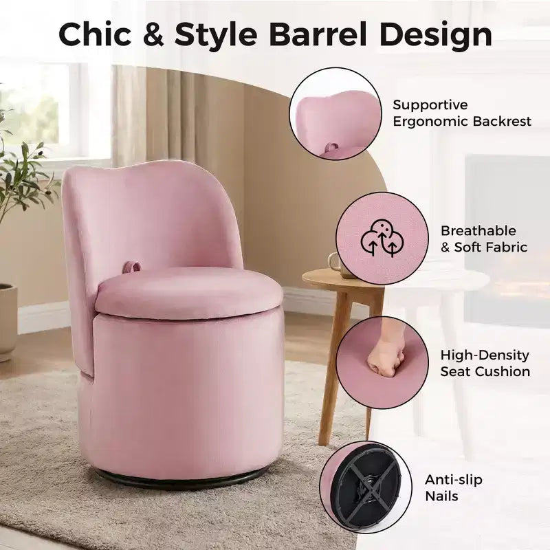 Chaise de coiffeuse pivotante avec rangement, tabouret rond rembourré avec dossier, fauteuil tonneau d’appoint doux et rembourré pour chambre et salon