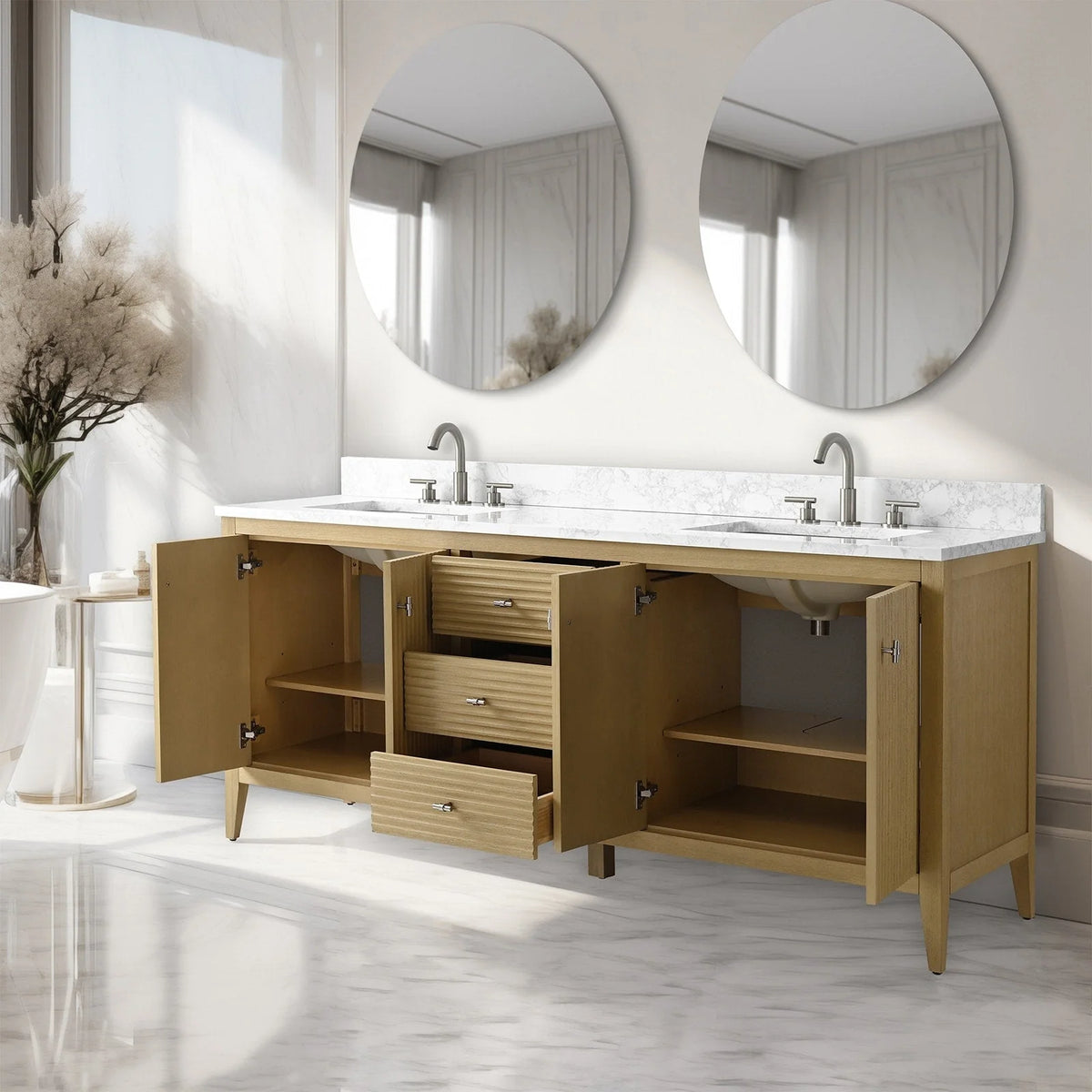 Vanity Art 72 badkamermeubel met dubbele wastafel en blad van composietmarmer