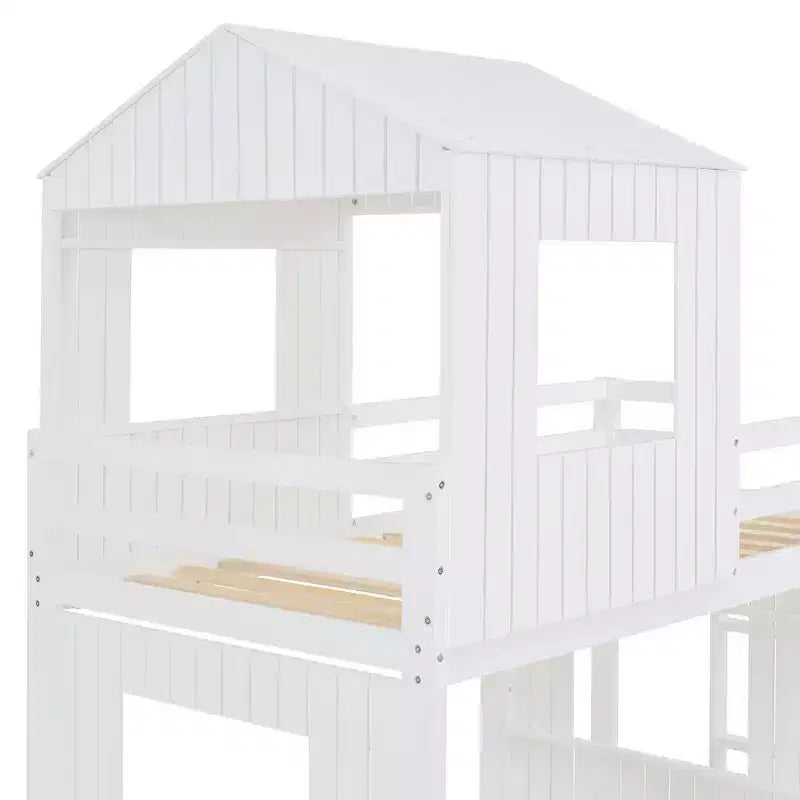 Luxystar Etagenbett aus Holz in Twin-über-Full-Größe mit Spielhaus, Rutsche und Schutzgittern