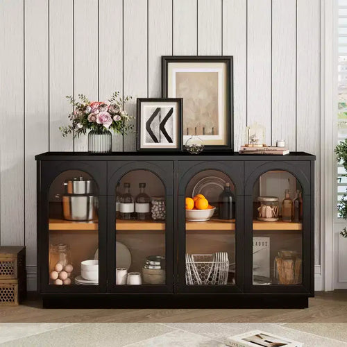 Grand buffet de rangement à 4 portes avec portes en verre, meuble arqué avec étagères réglables pour la cuisine