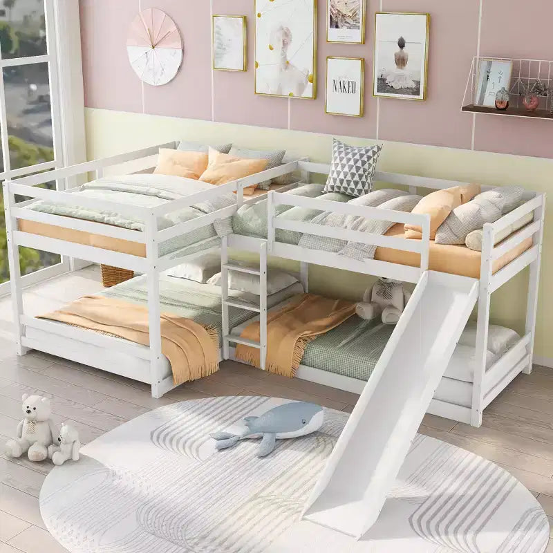 L Shaped Bunk Bed for 4 Kids, Quad Bunk Bed with Slide Full and Twin Wood Bunk Frame for Bedroom Dorm