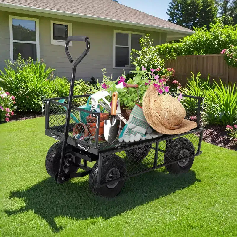 Chariot de jardin en acier robuste, 226,8 kg, chariot utilitaire pliable avec côtés en filet et doublure amovibles, 10 pneus gonflables, poignée de traction