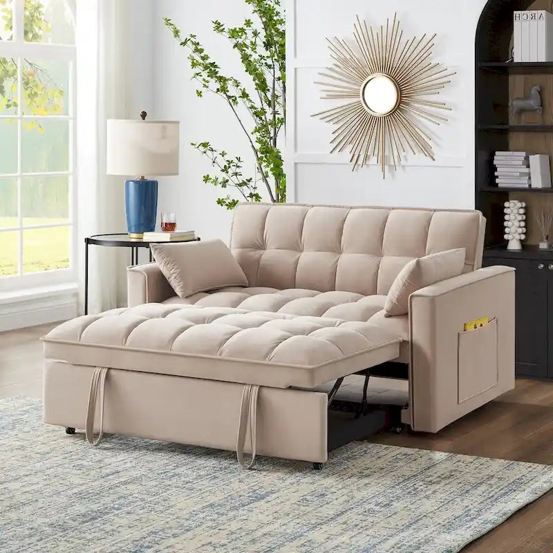 Loveseat-Schlafsofa 4-in-1 mit Armlehnen und Aufbewahrungstaschen, multifunktionales getuftetes Ausziehsofa mit verstellbarer Rückenlehne