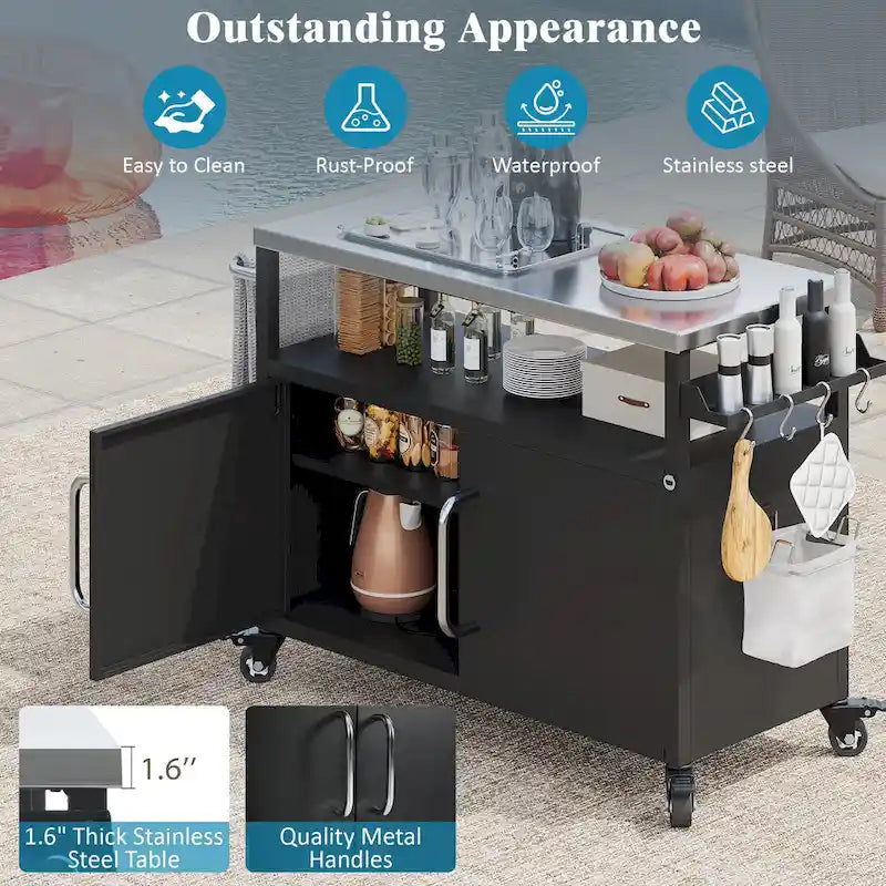 Outdoor-Kücheninsel mit Edelstahl-Tischplatte, Metall-Grillwagen-Tisch mit Stauraumfach – N/A