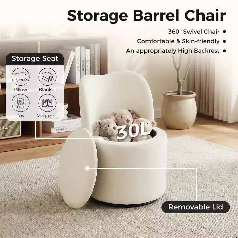 Chaise de coiffeuse pivotante avec rangement, tabouret rond rembourré avec dossier, fauteuil tonneau d’appoint doux et rembourré pour chambre et salon