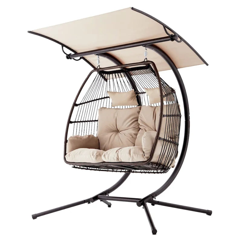 Balancelle d’extérieur pour deux avec support, chaise suspendue pliable, coussin de hamac et auvent, fauteuil œuf double – beige