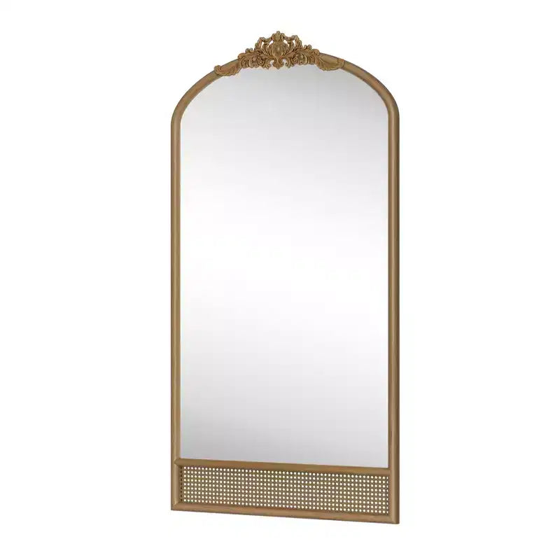 Miroir mural avec cadre en bois en forme d’arche classique sculptée et partie inférieure en rotin, marron, 37 in. W x 71 in. H