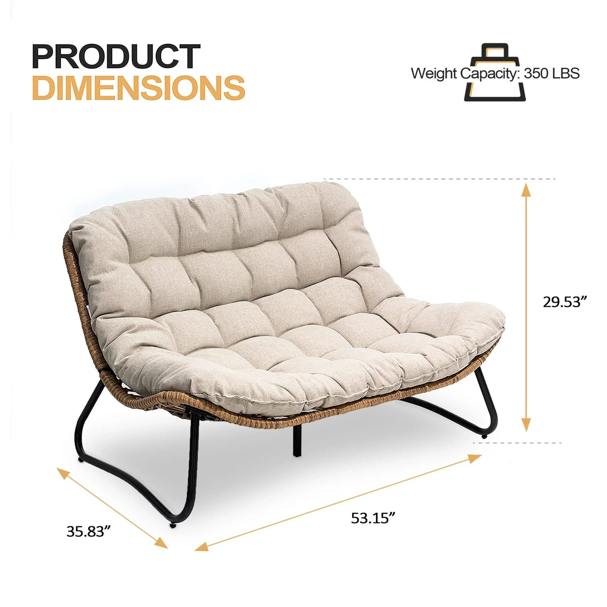 Fauteuil double Papasan avec coussin, rotin PE toutes saisons et structure en métal, pour intérieur et extérieur
