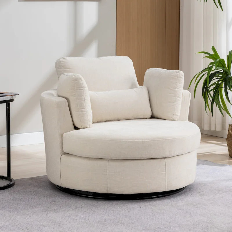 42,3W gestoffeerde draaifauteuil met 4 kussens en halvemaanvormige opberghocker