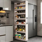 Moderner Buffetschrank aus Holz mit offenen Regalen und Rollen