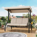 Balançoire d’extérieur convertible 2-en-1 pour 3 personnes avec auvent réglable, lit balançoire de terrasse avec support, coussins épais et porte-gobelets, pour jardin, cour et porche