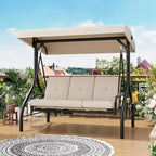 Balançoire d’extérieur convertible 2-en-1 pour 3 personnes avec auvent réglable, lit balançoire de terrasse avec support, coussins épais et porte-gobelets, pour jardin, cour et porche
