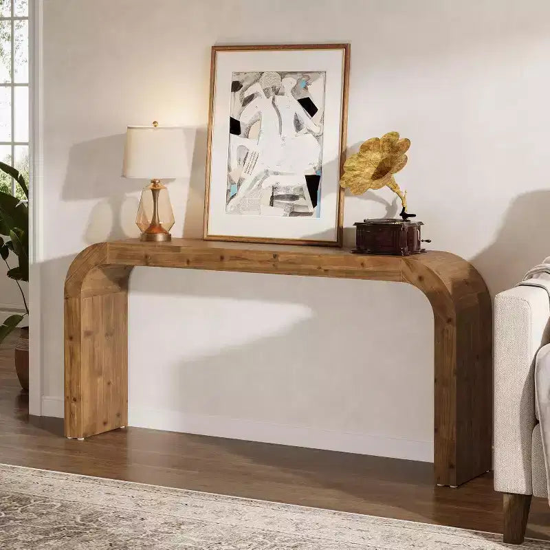 Console de table Lantine de 70,87 pouces en bois massif, table de canapé de style champêtre avec angles en cascade pour couloir, salon ou derrière le canapé, bois naturel