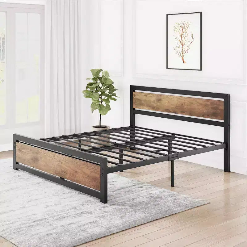 Cadre de lit robuste avec tête et pied de lit, plateforme métallique avec espace de rangement de 13,8, montage silencieux et sans outils, marron vintage