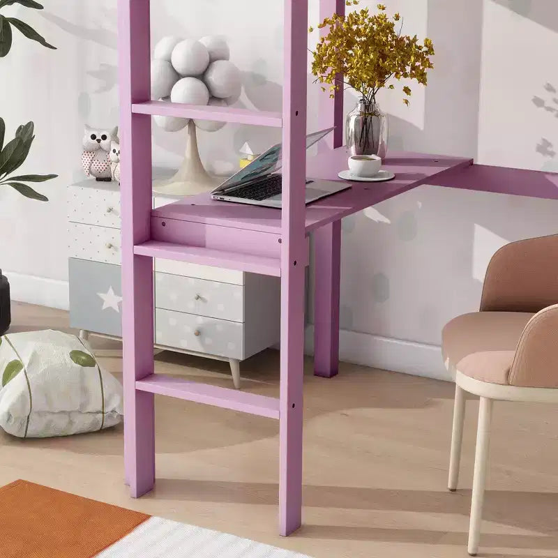 Okak Hochbett im minimalistischen Loft-Stil mit Leiter, Hochbett aus Gummibaumholz für eine Person mit Sicherheitsgeländer und integriertem Schreibtisch, Bettgestell für Kinder und Jugendliche