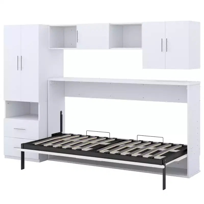Lit escamotable mural une place, cadre en bois avec armoire intégrée, tiroirs de rangement et étagères ouvertes, blanc -ModernLuxe