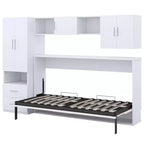 Lit escamotable mural une place, cadre en bois avec armoire intégrée, tiroirs de rangement et étagères ouvertes, blanc -ModernLuxe