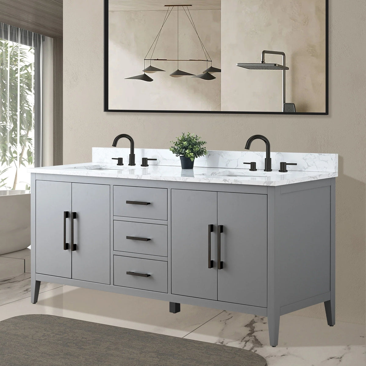 Vanity Art 72 badkamermeubel met dubbele wastafel en blad van composietmarmer