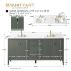 Vanity Art 72 badkamermeubel met dubbele wastafel en blad van composietmarmer