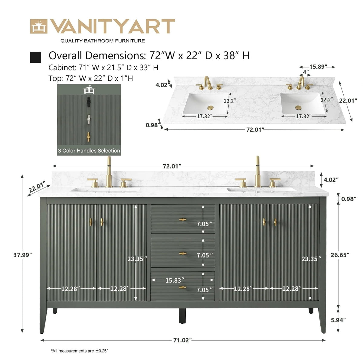 Vanity Art 72 badkamermeubel met dubbele wastafel en blad van composietmarmer