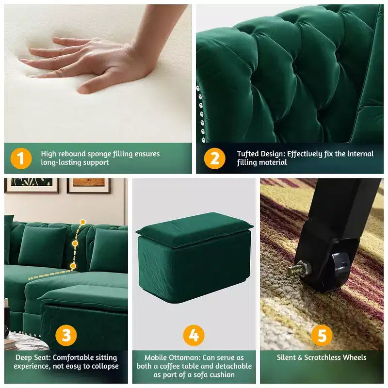 Whisen Samt-Schlafsofa in King-Size mit Ausziehfunktion und 3-in-1-Funktion, wandelbares Schlafsofa mit beweglichem Hocker und Steppdesign