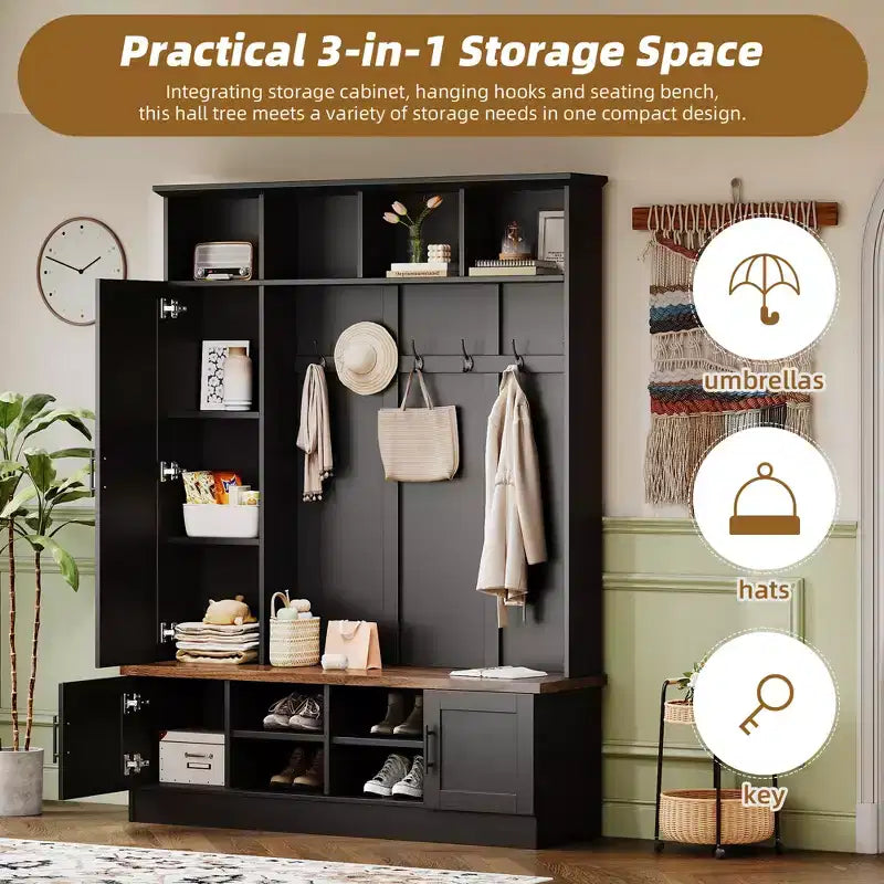 Portemanteau d’entrée avec banc à chaussures, portant multifonction avec 6 crochets, porte-manteau mural en bois avec rangement pour chaussures pour l’entrée et le salon