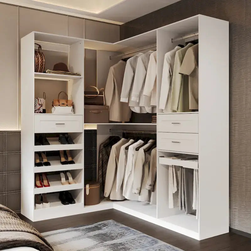 Hoekkledingkast met 2 kledingroedes, broekenrek en schoenenopberger