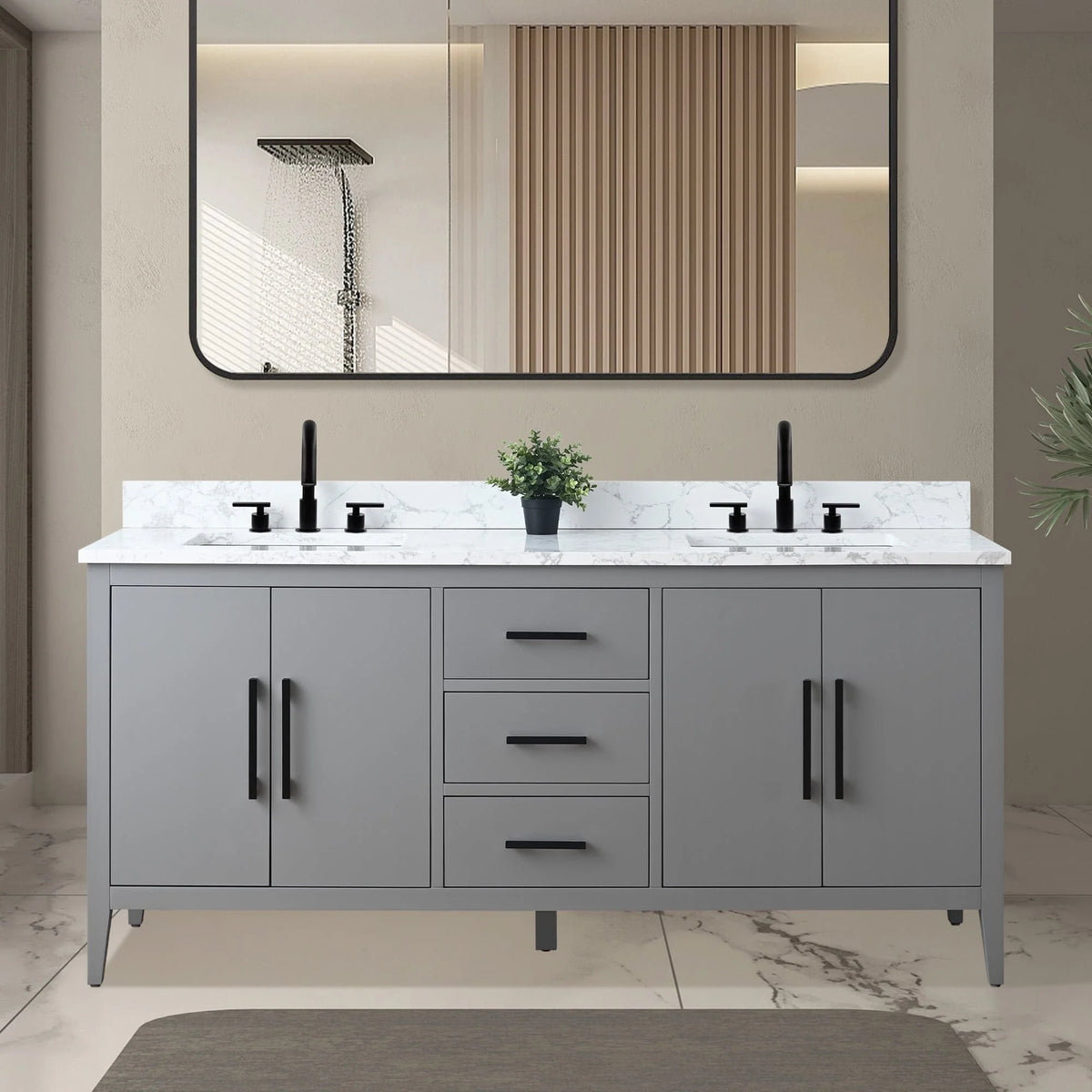 Vanity Art 72 Badezimmer-Waschtischunterschrank mit Doppelwaschbecken und Oberfläche aus Kunstmarmor