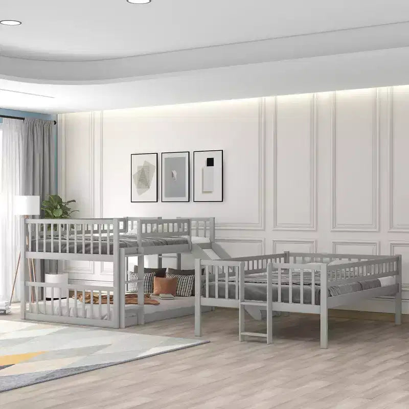 Dreistöckiges Etagenbett Full über Full mit umbaubarer Leiter und Rutsche, dreistöckiges Bett mit Sicherheitsgittern, Weiß/Grau/Espresso – ModernLuxe
