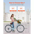 VEVOR cruiserfiets, 7 versnellingen, 26 inch lichtblauwe beachcruiser met grote mand en bagagedrager, veilige en stevige cruiserfiets, lichtblauw