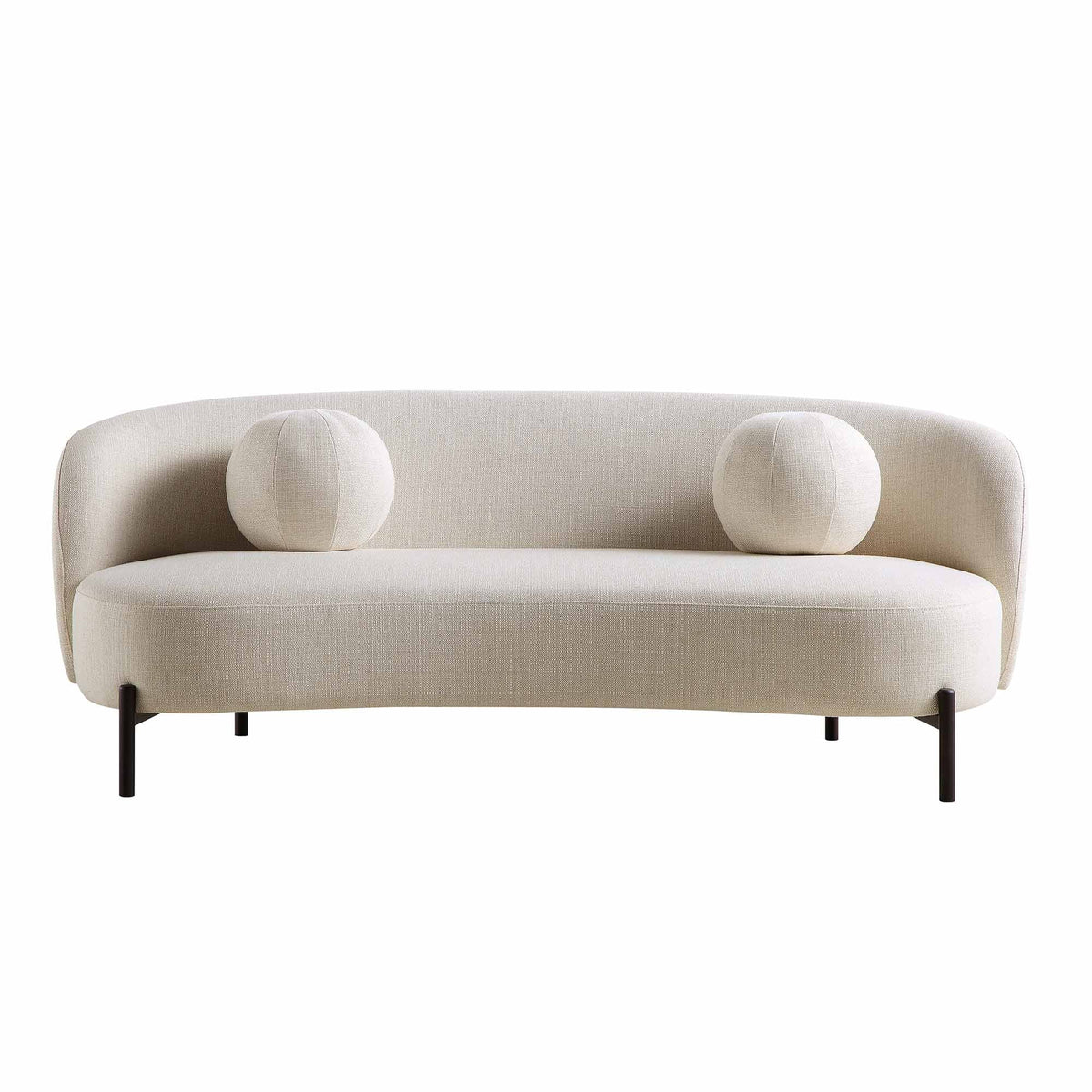 Gebogen 3-zitsbank met balvormige kussens, beige linnenmix